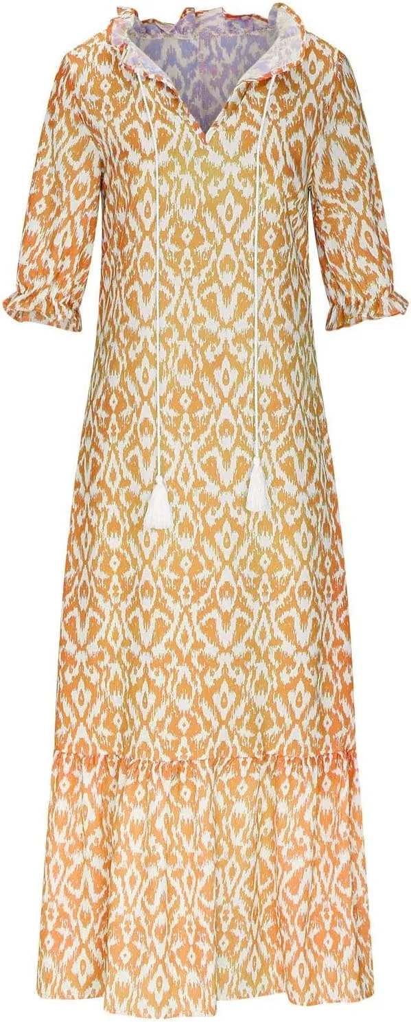 Summer Dresses for Women Tassel Tie V Neck Ruffle Elbow Length Sleeve Boho Floral Print Maxi Dress Beach Vacation Long Dress