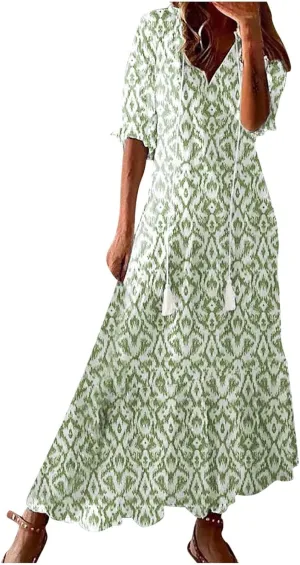 Summer Dresses for Women Tassel Tie V Neck Ruffle Elbow Length Sleeve Boho Floral Print Maxi Dress Beach Vacation Long Dress