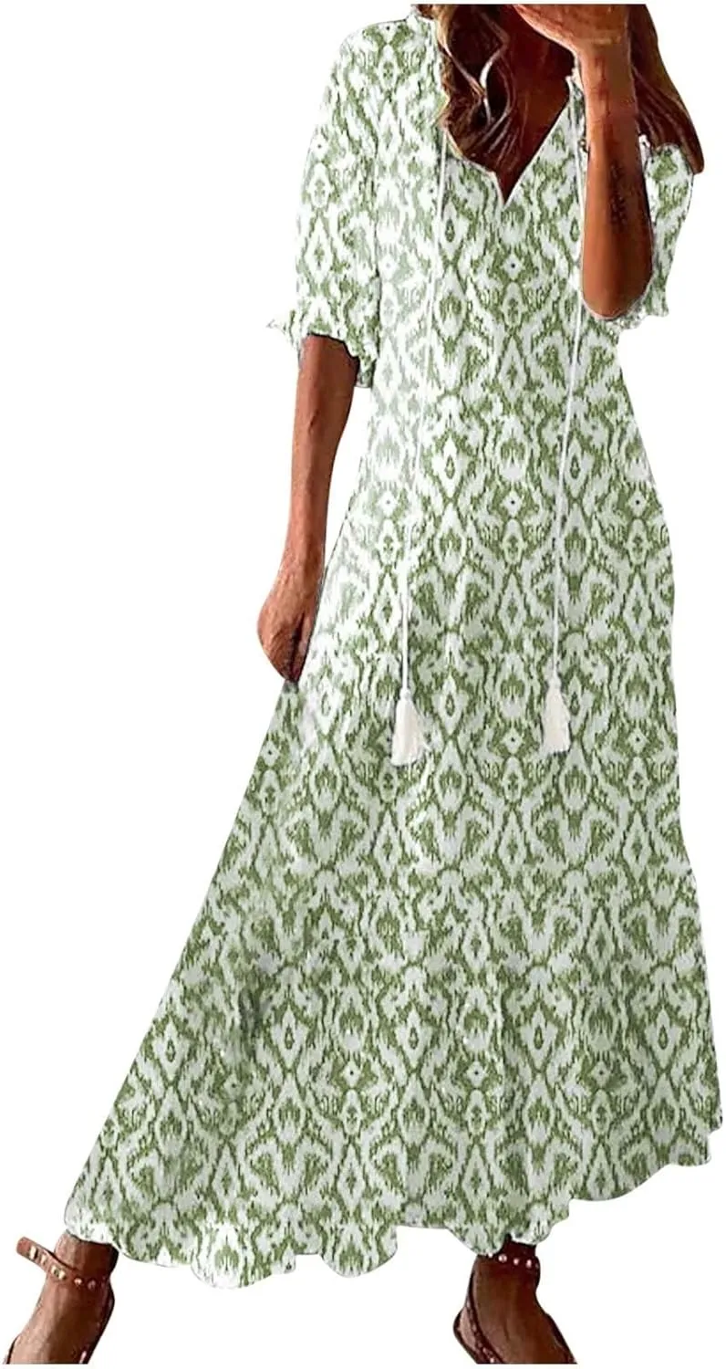 Summer Dresses for Women Tassel Tie V Neck Ruffle Elbow Length Sleeve Boho Floral Print Maxi Dress Beach Vacation Long Dress