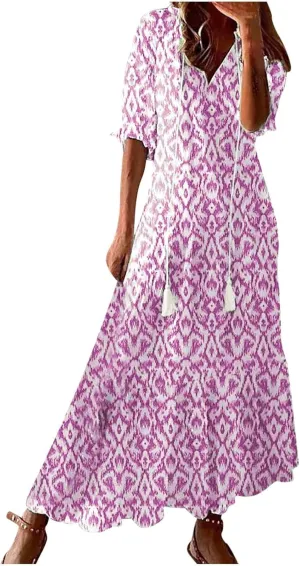 Summer Dresses for Women Tassel Tie V Neck Ruffle Elbow Length Sleeve Boho Floral Print Maxi Dress Beach Vacation Long Dress
