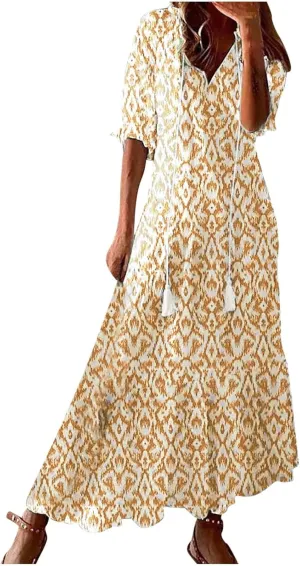 Summer Dresses for Women Tassel Tie V Neck Ruffle Elbow Length Sleeve Boho Floral Print Maxi Dress Beach Vacation Long Dress