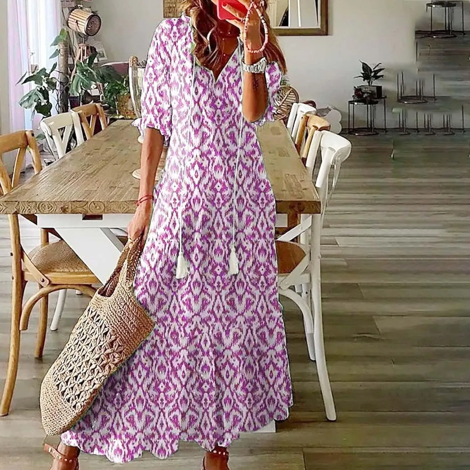 Summer Dresses for Women Tassel Tie V Neck Ruffle Elbow Length Sleeve Boho Floral Print Maxi Dress Beach Vacation Long Dress