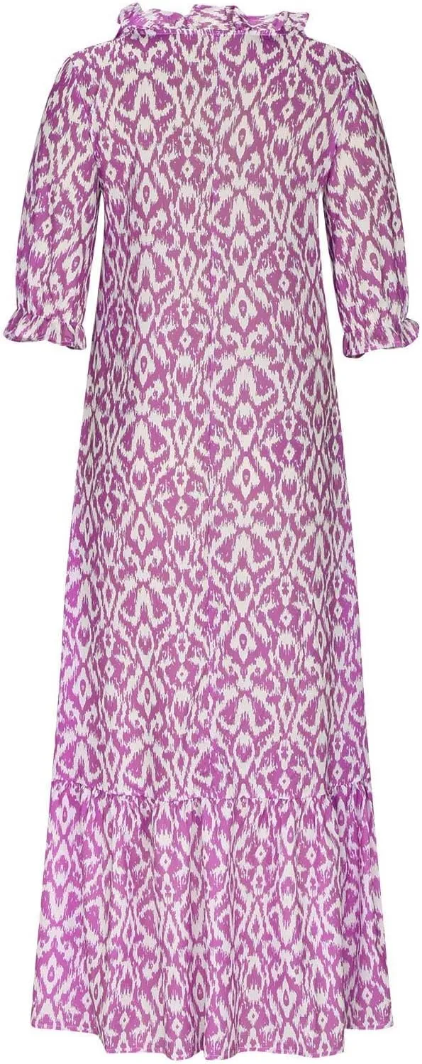 Summer Dresses for Women Tassel Tie V Neck Ruffle Elbow Length Sleeve Boho Floral Print Maxi Dress Beach Vacation Long Dress