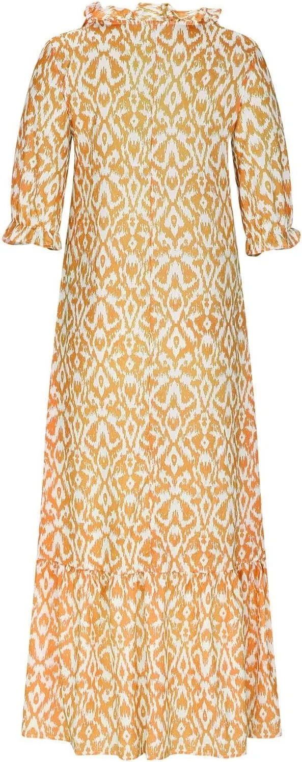 Summer Dresses for Women Tassel Tie V Neck Ruffle Elbow Length Sleeve Boho Floral Print Maxi Dress Beach Vacation Long Dress