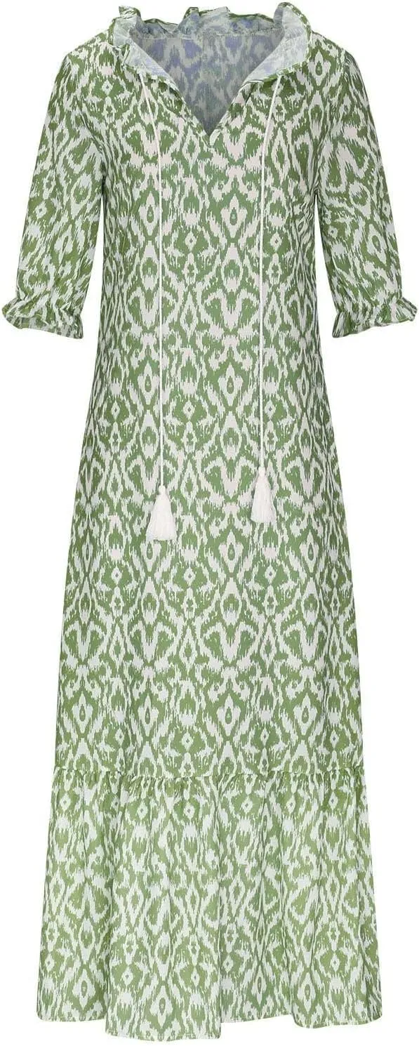 Summer Dresses for Women Tassel Tie V Neck Ruffle Elbow Length Sleeve Boho Floral Print Maxi Dress Beach Vacation Long Dress