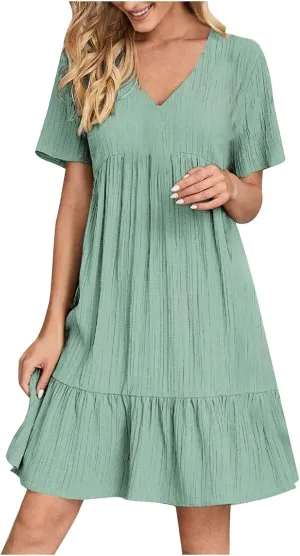 Summer Dresses for Womens V Neck Flutter Sleeve Flowy Short Dress Casual Midi Dress A Line Ruffle Tiered Swing Dresses