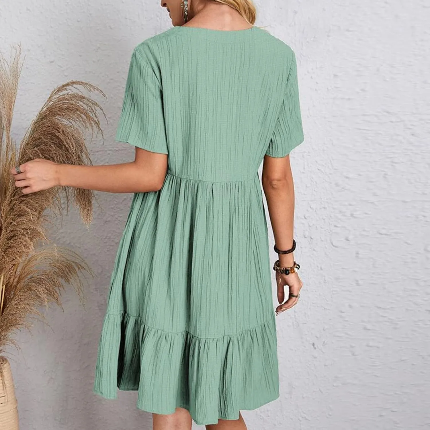 Summer Dresses for Womens V Neck Flutter Sleeve Flowy Short Dress Casual Midi Dress A Line Ruffle Tiered Swing Dresses