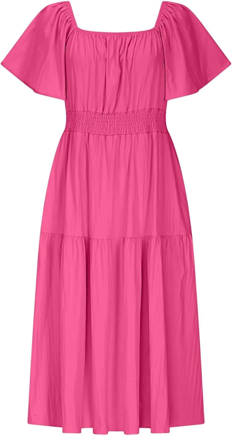 Summer Elegant Dresses for Women Short Sleeve Square Neck Smocked Waist Pleated Tiered Flowy Swing Midi Ruffle Dress