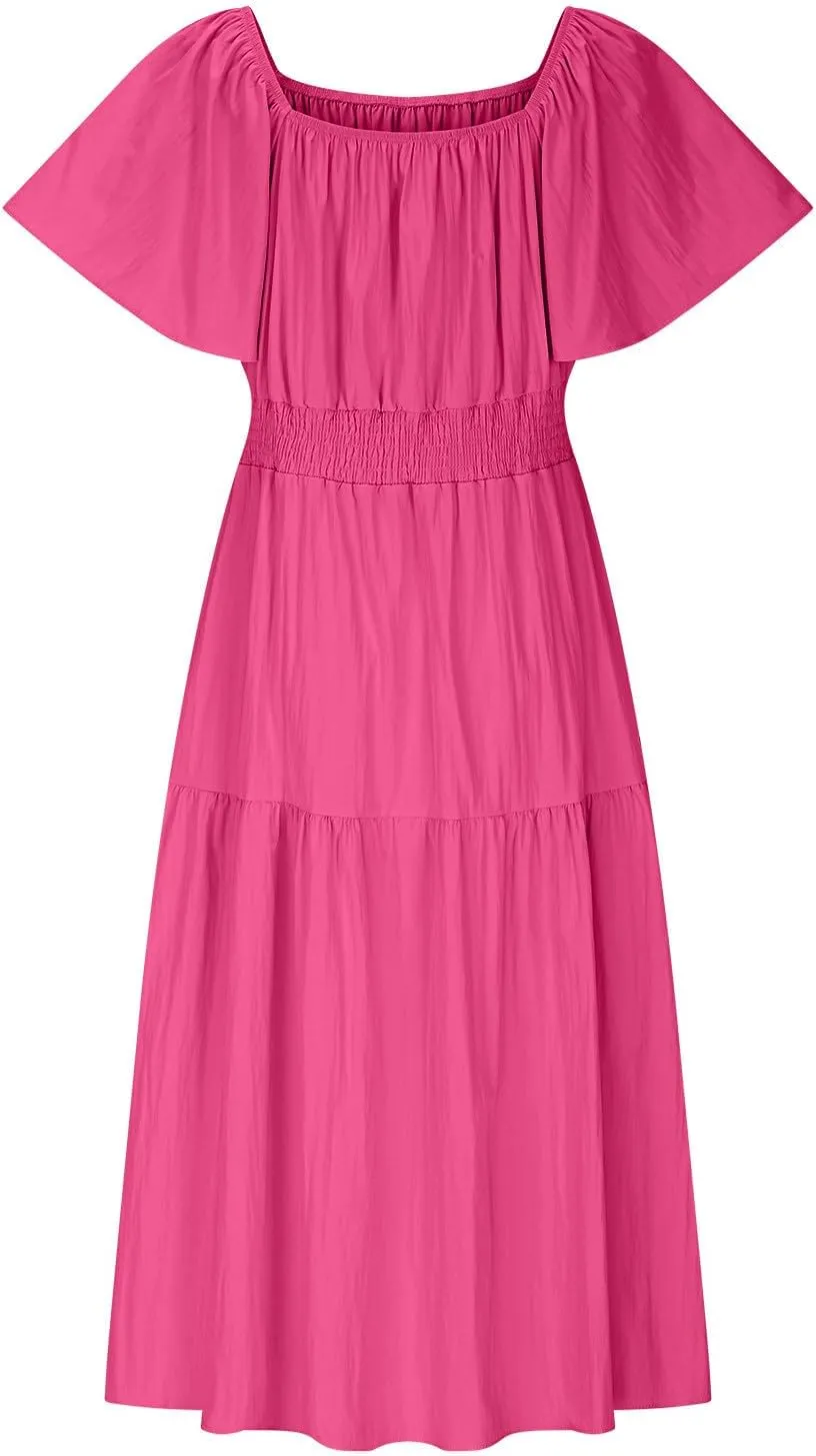 Summer Elegant Dresses for Women Short Sleeve Square Neck Smocked Waist Pleated Tiered Flowy Swing Midi Ruffle Dress