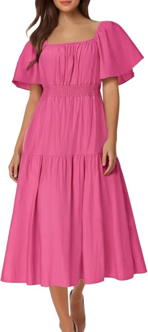 Summer Elegant Dresses for Women Short Sleeve Square Neck Smocked Waist Pleated Tiered Flowy Swing Midi Ruffle Dress