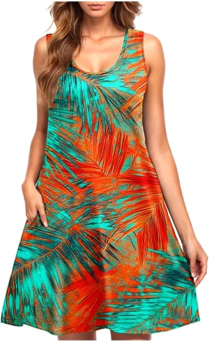 Summer Sundress for Women Beach Boho Sleeveless Vintage Floral Flowy Tank Sundress Loose Swing A-Line Mini Dress