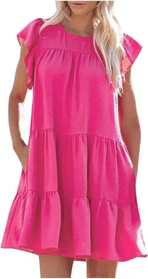 Summer Tiered Dress for Women Cap Sleeve Crewneck Pleated Mini Dress Casual Loose Vacation Sundresses with Pockets