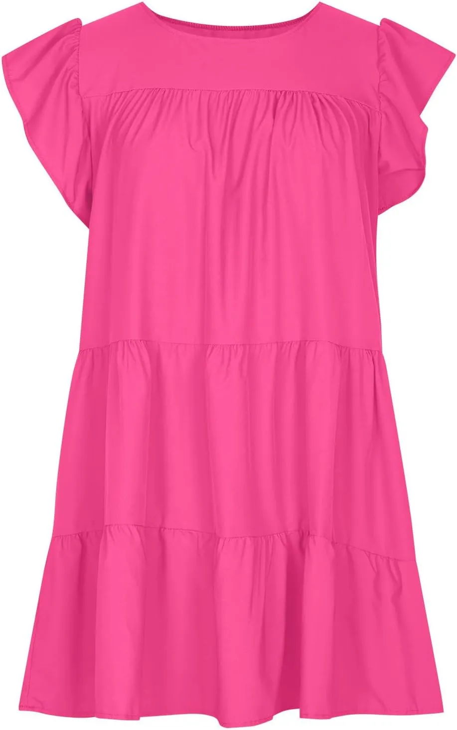 Summer Tiered Dress for Women Cap Sleeve Crewneck Pleated Mini Dress Casual Loose Vacation Sundresses with Pockets