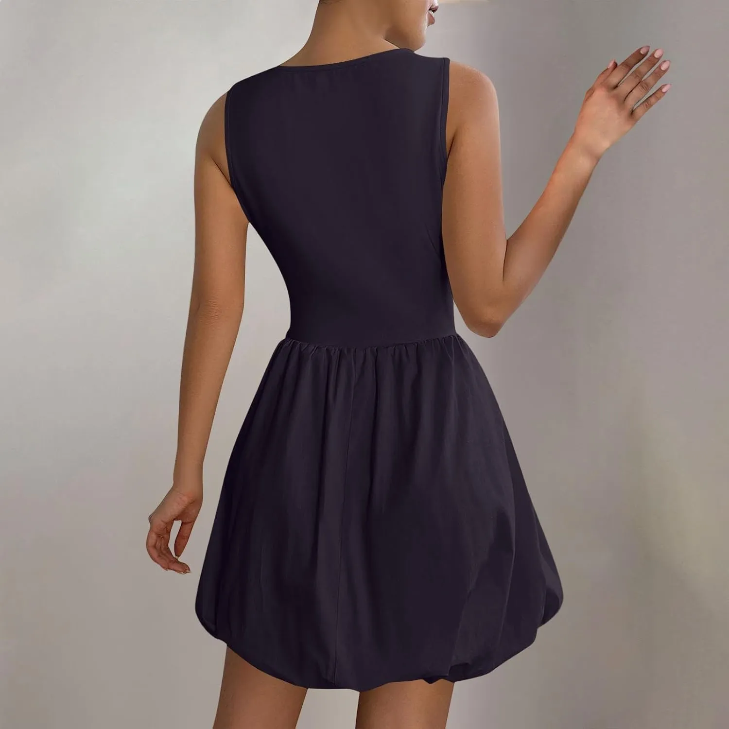Sundresses for Women 2025 Casual Summer Boho Sleeveless Pleated Bubble Crewneck Short Tshirt Dress with Pockets