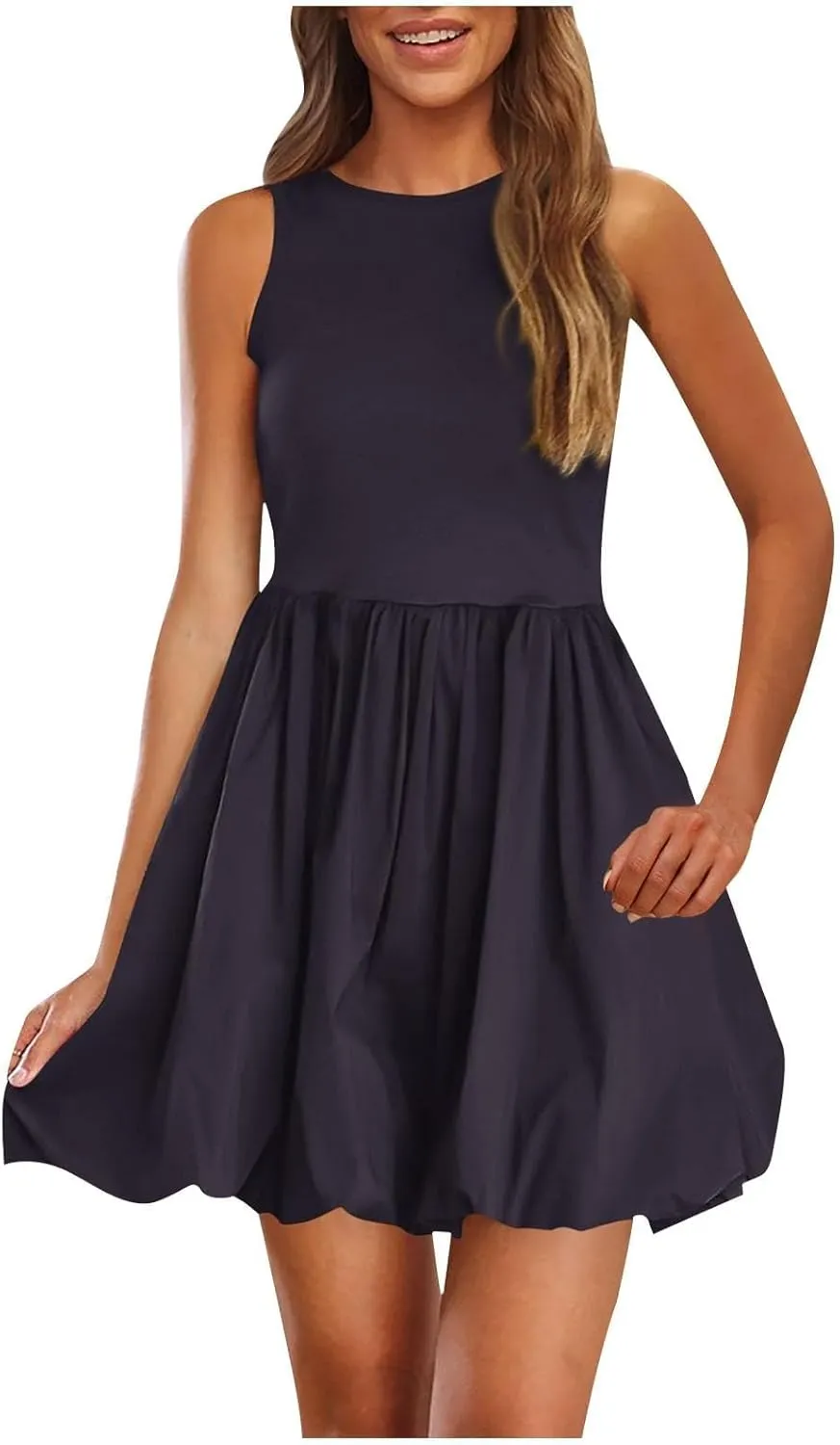 Sundresses for Women 2025 Casual Summer Boho Sleeveless Pleated Bubble Crewneck Short Tshirt Dress with Pockets