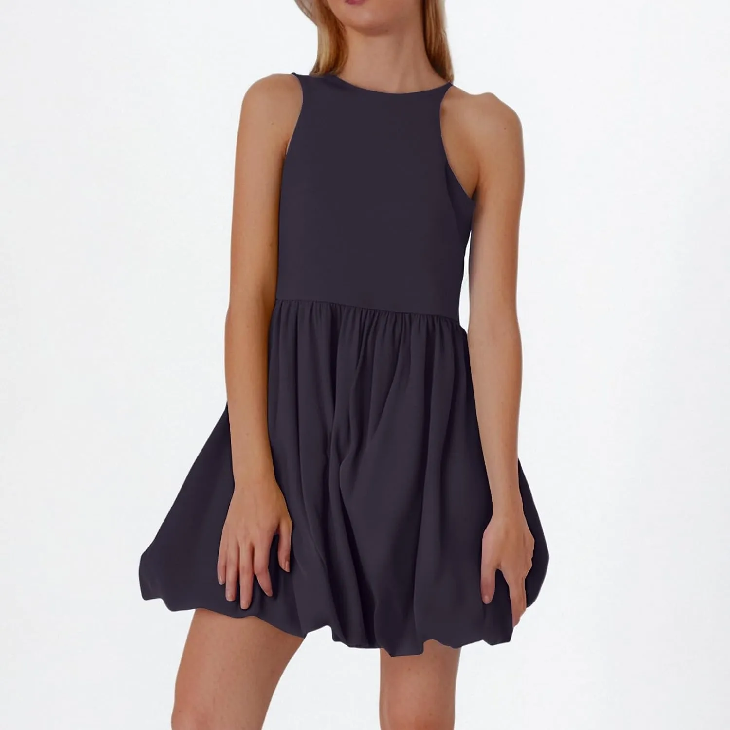 Sundresses for Women 2025 Casual Summer Boho Sleeveless Pleated Bubble Crewneck Short Tshirt Dress with Pockets