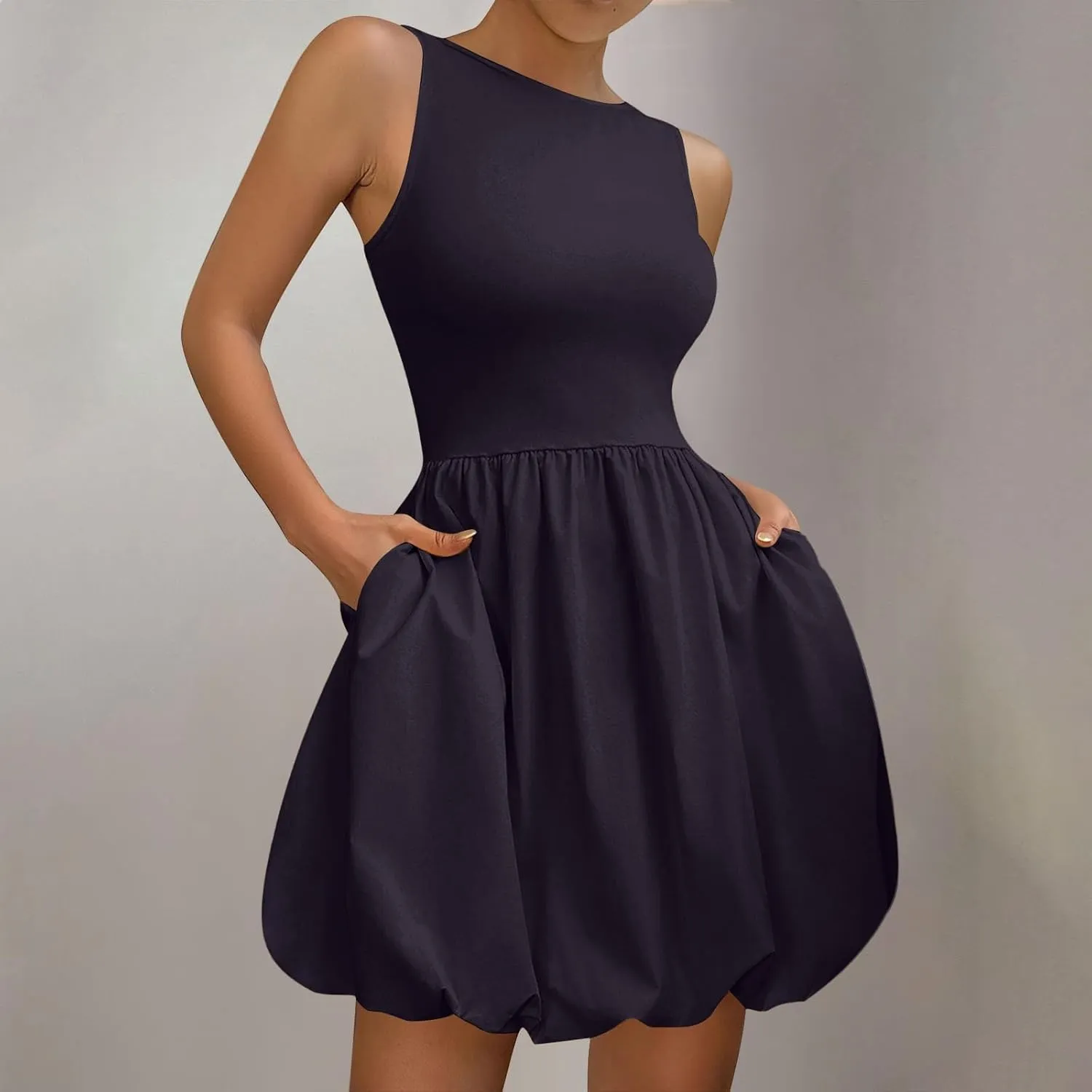 Sundresses for Women 2025 Casual Summer Boho Sleeveless Pleated Bubble Crewneck Short Tshirt Dress with Pockets