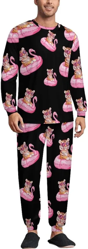 Tiger Flamingos Swimming Ring Soft Mens Pajamas Set Round Neck Pullover Long Sleeve And Pants Loungewear 2 Piece Pjs Set
