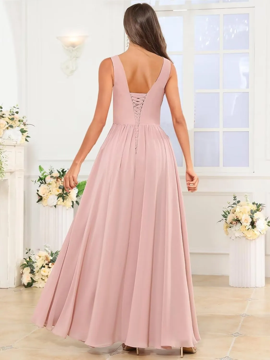 TORYEMY Chiffon Bridesmaid Dresses for Women Long V Neck Formal Evening Dresses with Slit
