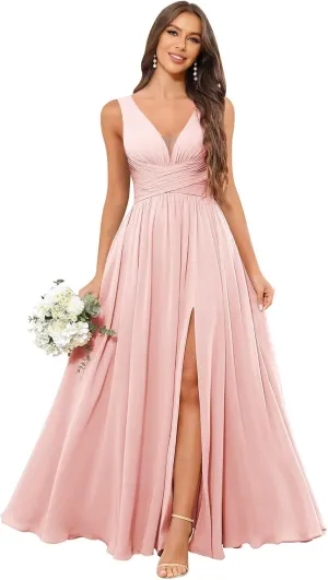 TORYEMY Chiffon Bridesmaid Dresses for Women Long V Neck Formal Evening Dresses with Slit