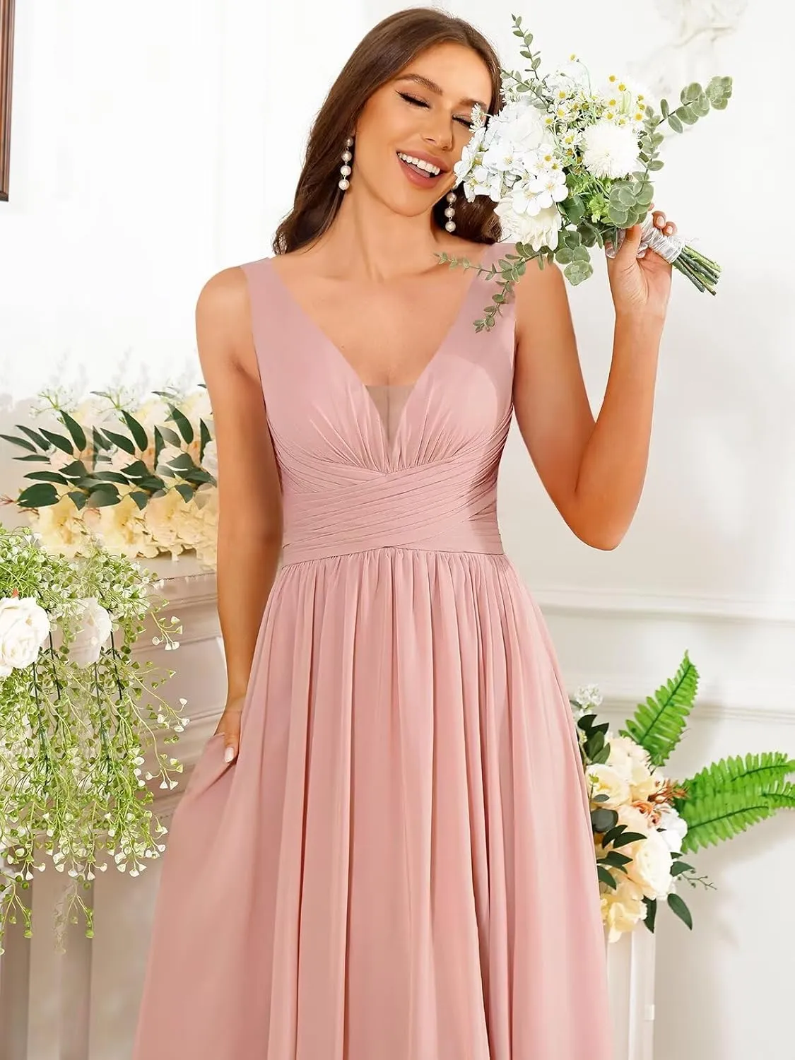 TORYEMY Chiffon Bridesmaid Dresses for Women Long V Neck Formal Evening Dresses with Slit