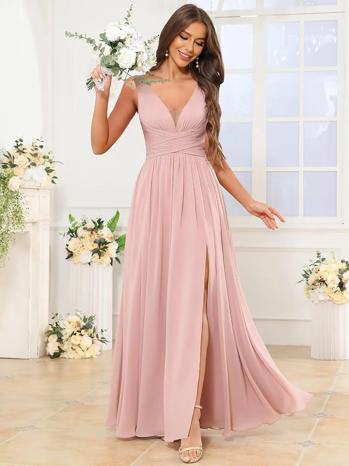 TORYEMY Chiffon Bridesmaid Dresses for Women Long V Neck Formal Evening Dresses with Slit