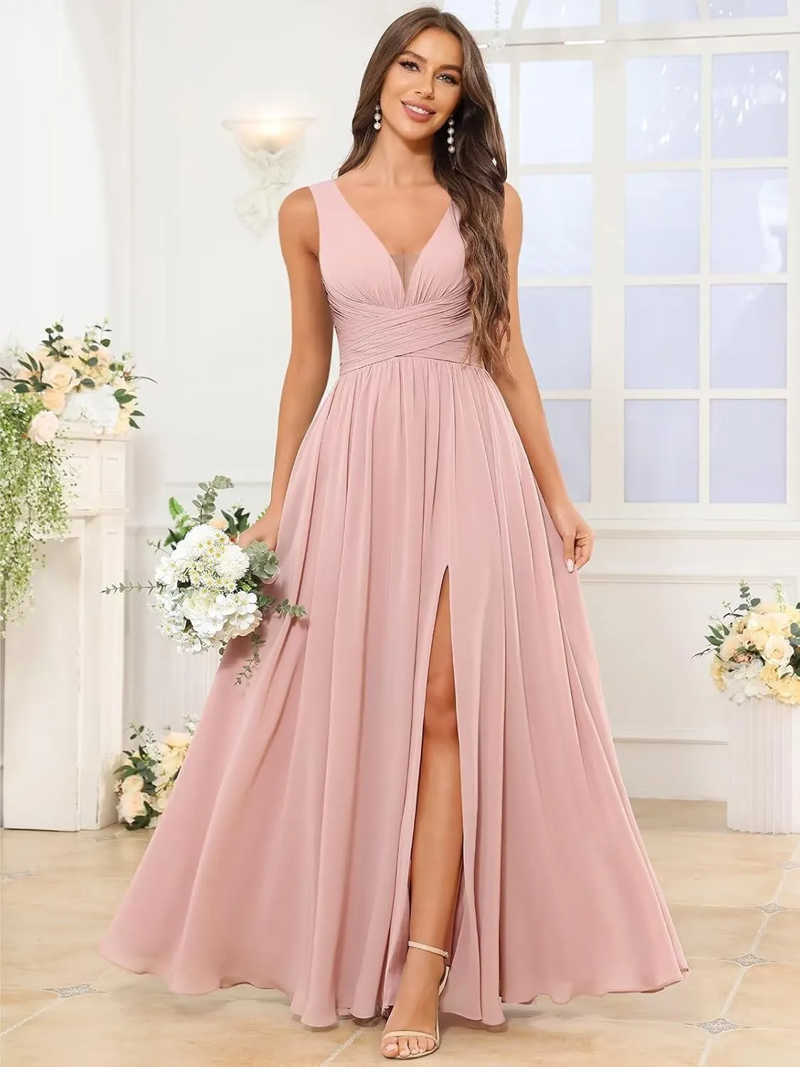 TORYEMY Chiffon Bridesmaid Dresses for Women Long V Neck Formal Evening Dresses with Slit
