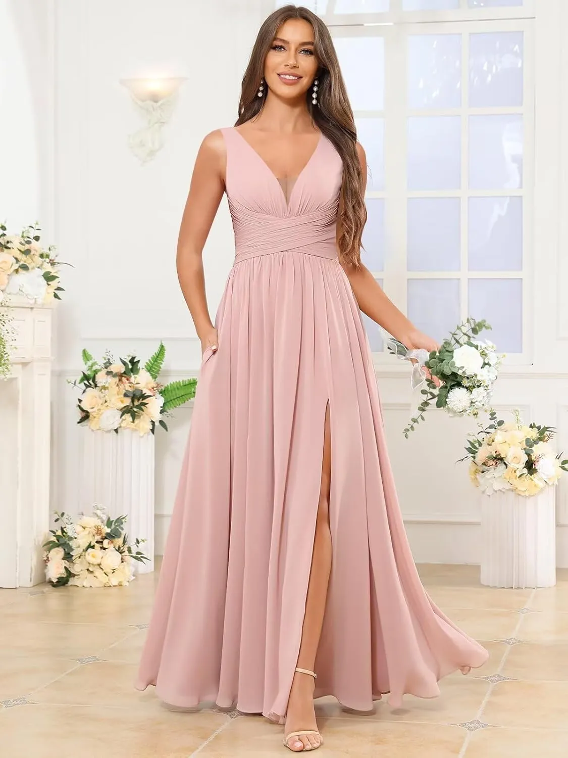 TORYEMY Chiffon Bridesmaid Dresses for Women Long V Neck Formal Evening Dresses with Slit