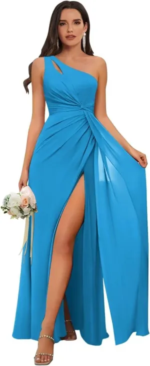 TORYEMY Chiffon One Shoulder Bridesmaid Dresses Long with Slit Formal Evening Dresses for Wedding