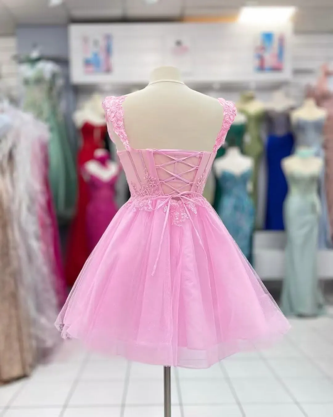 Tsbridal Short Homecoming Dress for Teens Off Shoulder Sparkly Lace DAMA Dresses for Quinceanera Puffy Tulle Prom Gown
