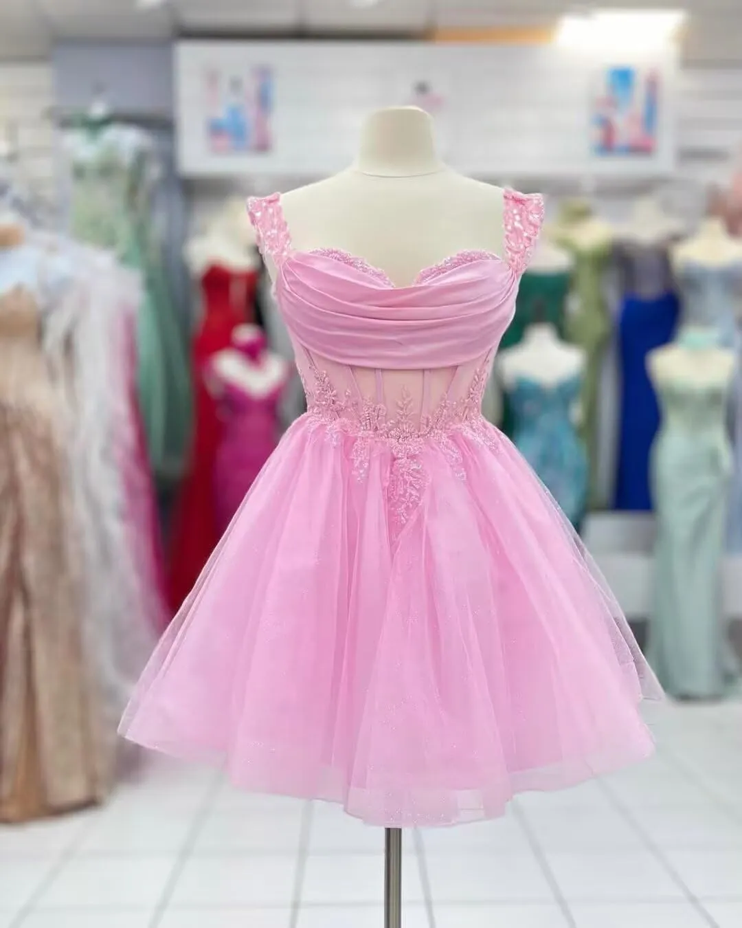 Tsbridal Short Homecoming Dress for Teens Off Shoulder Sparkly Lace DAMA Dresses for Quinceanera Puffy Tulle Prom Gown