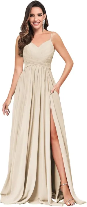 V Neck Bridesmaid Dresses for Women Long with Slit Chiffon Spaghetti Strap Pleated Formal Wedding Gown