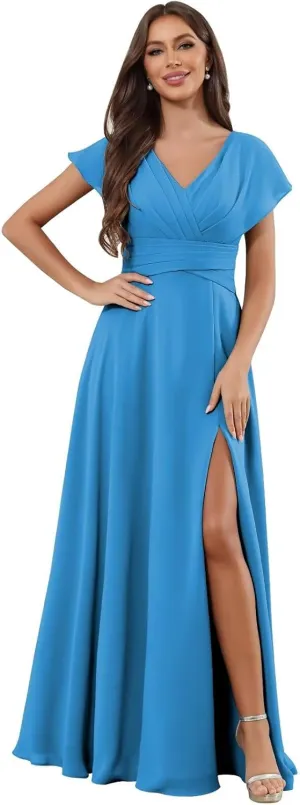 V Neck Chiffon Bridesmaid Dresses with Sleeves Long Slit A Line Formal Evening Dress for Women