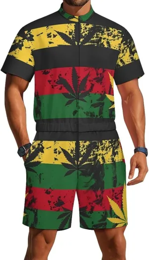 Vintage Rasta Flag Weed Mens Short Sleeve Rompers Printed Slim Fit One Piece Jumpsuit with Pocket