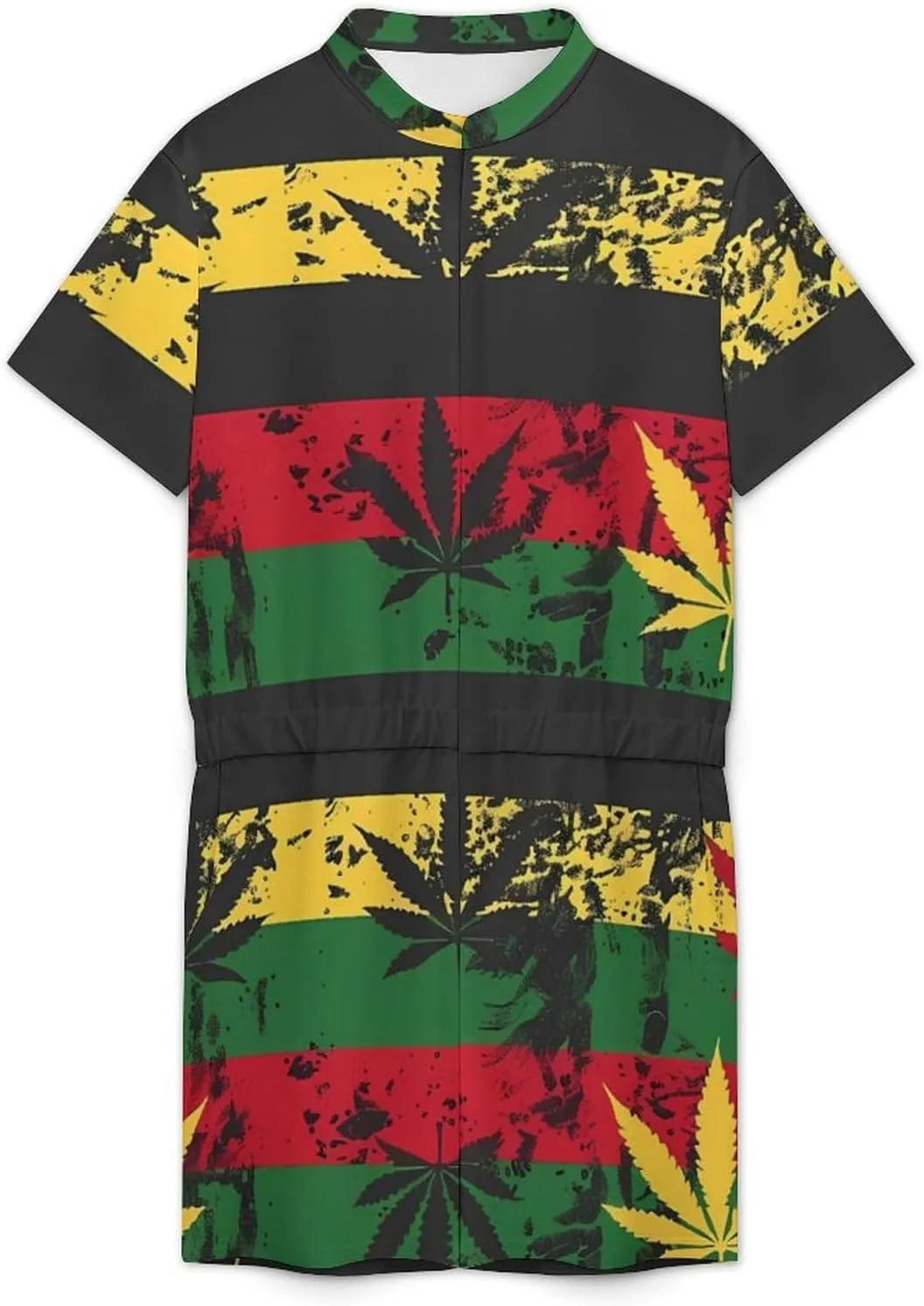 Vintage Rasta Flag Weed Mens Short Sleeve Rompers Printed Slim Fit One Piece Jumpsuit with Pocket