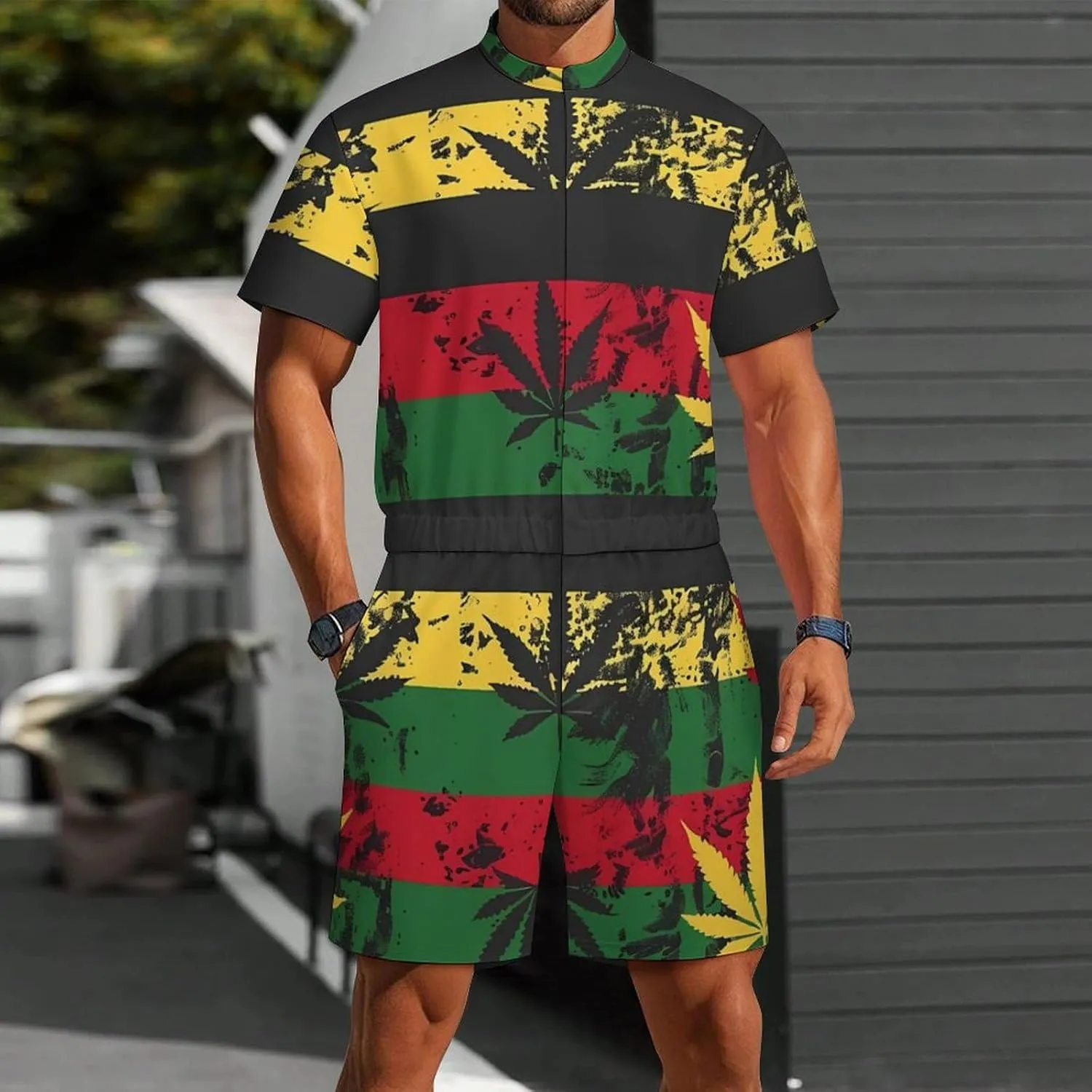 Vintage Rasta Flag Weed Mens Short Sleeve Rompers Printed Slim Fit One Piece Jumpsuit with Pocket