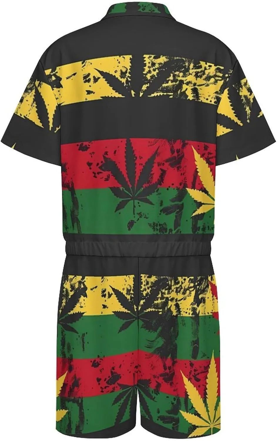 Vintage Rasta Flag Weed Mens Short Sleeve Rompers Printed Slim Fit One Piece Jumpsuit with Pocket