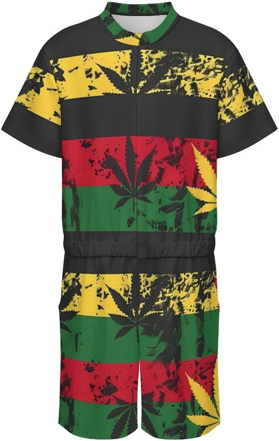 Vintage Rasta Flag Weed Mens Short Sleeve Rompers Printed Slim Fit One Piece Jumpsuit with Pocket