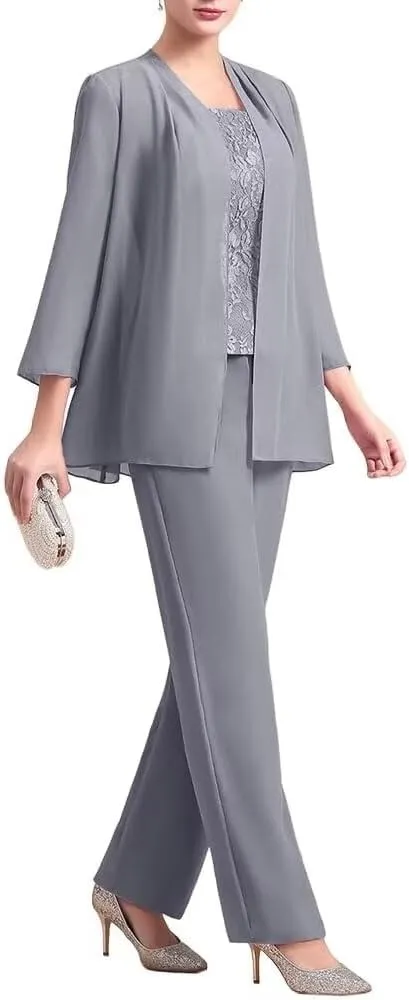 VK Selec 3 Pcs Mother of The Bride Pant Suit for Wedding 3/4 Sleeves Lace Formal Pants Outfit with Jacket