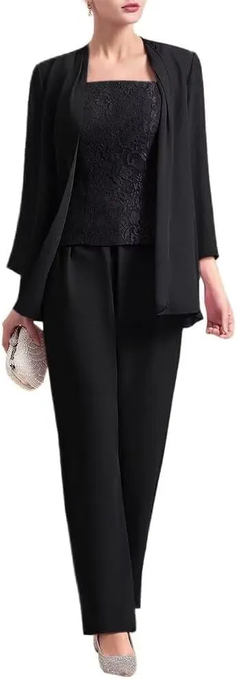VK Selec 3 Pcs Mother of The Bride Pant Suit for Wedding 3/4 Sleeves Lace Formal Pants Outfit with Jacket