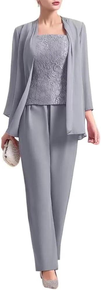 VK Selec 3 Pcs Mother of The Bride Pant Suit for Wedding 3/4 Sleeves Lace Formal Pants Outfit with Jacket