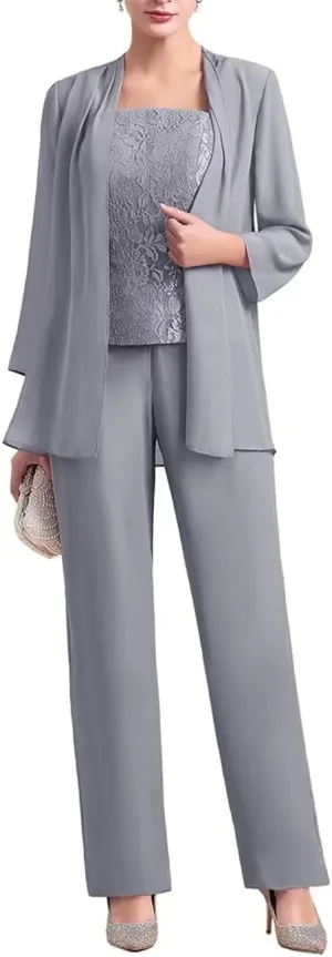 VK Selec 3 Pcs Mother of The Bride Pant Suit for Wedding 3/4 Sleeves Lace Formal Pants Outfit with Jacket