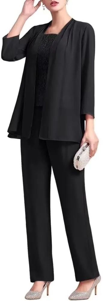 VK Selec 3 Pcs Mother of The Bride Pant Suit for Wedding 3/4 Sleeves Lace Formal Pants Outfit with Jacket