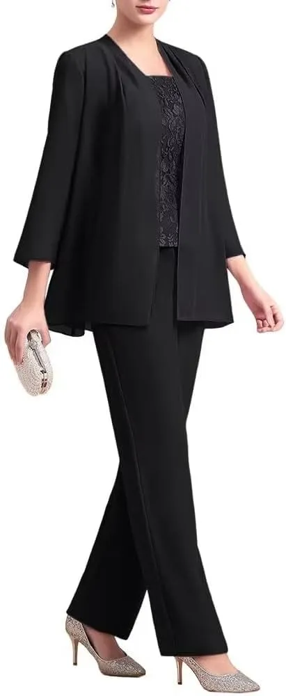 VK Selec 3 Pcs Mother of The Bride Pant Suit for Wedding 3/4 Sleeves Lace Formal Pants Outfit with Jacket