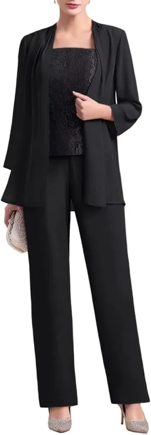 VK Selec 3 Pcs Mother of The Bride Pant Suit for Wedding 3/4 Sleeves Lace Formal Pants Outfit with Jacket