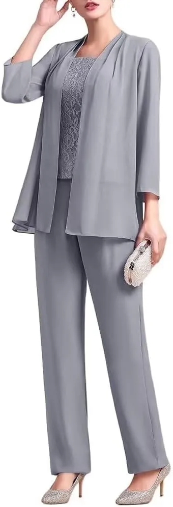 VK Selec 3 Pcs Mother of The Bride Pant Suit for Wedding 3/4 Sleeves Lace Formal Pants Outfit with Jacket