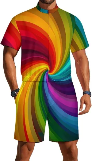 Vortex Swirling Colorful Rainbow Mens Short Sleeve Rompers Printed Slim Fit One Piece Jumpsuit with Pocket