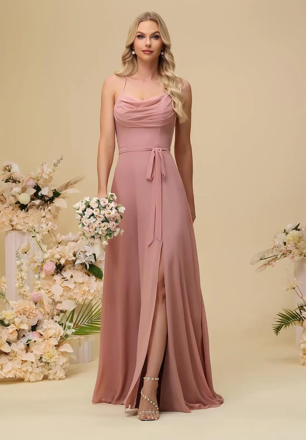 Wchecalino Cowl Neck Bridesmaid Dresses for Women A Line Chiffon Ruched Long Formal Evening Dress with Slit