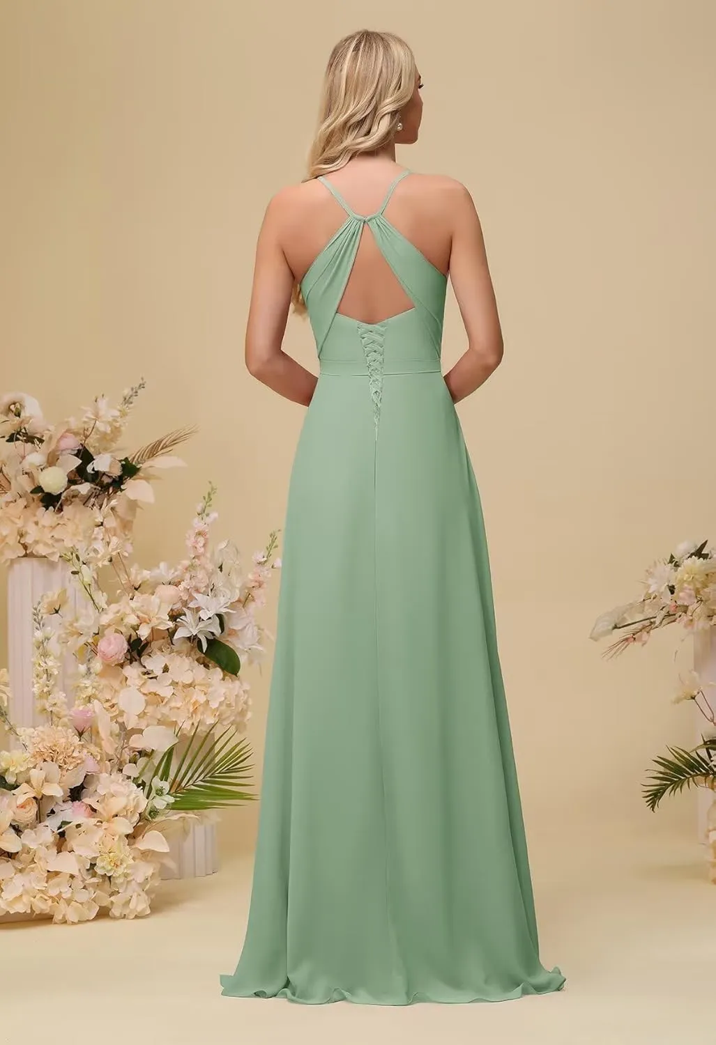 Wchecalino Cowl Neck Bridesmaid Dresses for Women A Line Chiffon Ruched Long Formal Evening Dress with Slit