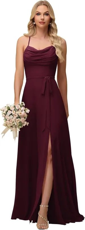 Wchecalino Cowl Neck Bridesmaid Dresses for Women A Line Chiffon Ruched Long Formal Evening Dress with Slit